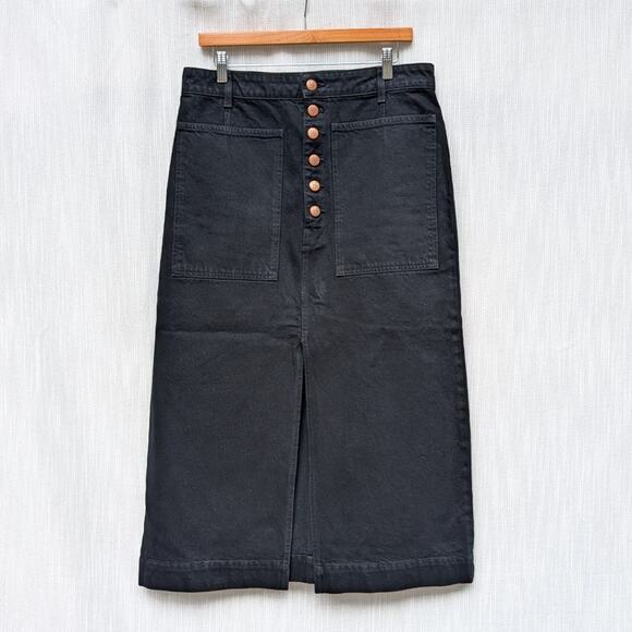Ulla Johnson Bea Black Denim Button Front A-line Midi Skirt, size 12 - Picture 1 of 11
